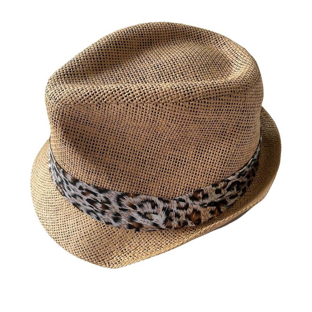 Tan Weaved Sunhat with Leopard Print Fabric Wrapped Around Beach Hat